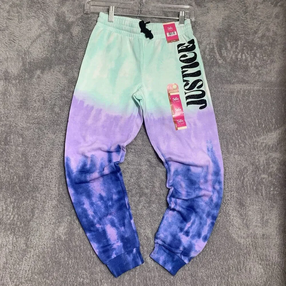 Justice‎ Joggers Girls Size 10 Green Purple Tie Dye Glitter Logo Sweatpants NEW